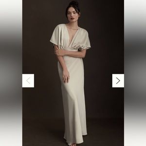 BHLDN Leila Deep-V Flutter-Sleeve Satin A-Line Gown